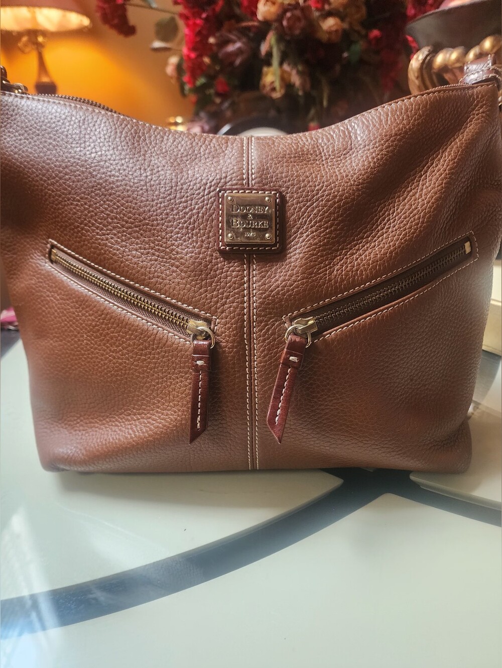 Dooney & Bourke Brown Pebbled Leather Shoulder Bag with Dual Zip Pockets GUC